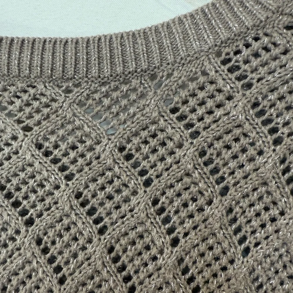 LOFT Metallic Pointelle Knit Sweater Open Weave Subtle Shimmer Taupe Size Medium